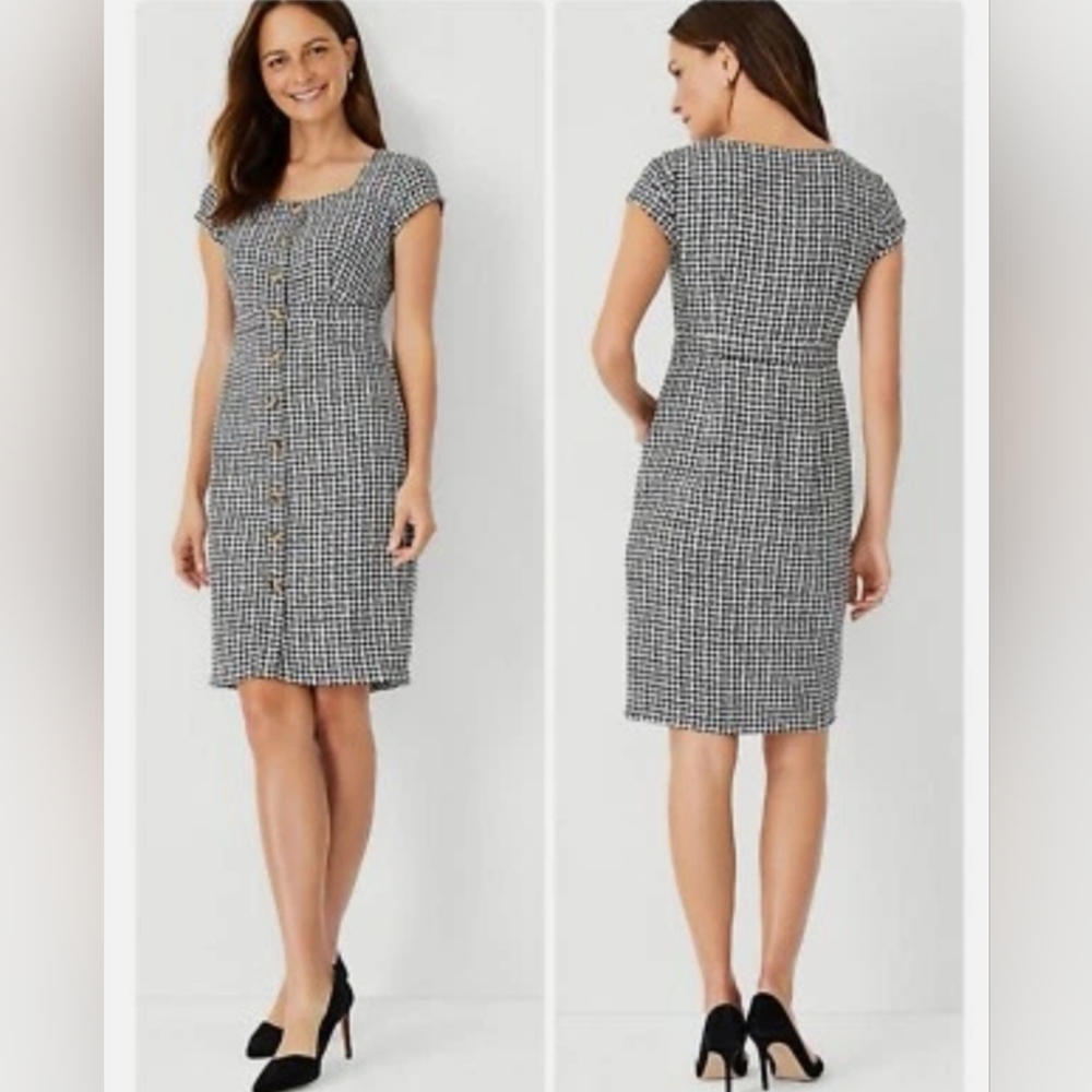 Ann Taylor Tweed Black and White Gingham Patterned Midi Dress